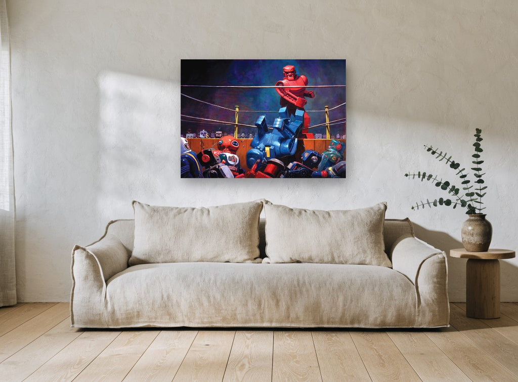 Robot Boxing Knockout vintage canvas print on the wall of a living room