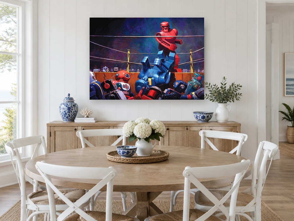 Robot Boxing Knockout vintage canvas print on the wall of a Hamptons dining room
