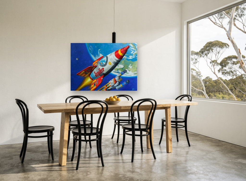 Jupiter Rocket Patrol vintage canvas print on the wall of a dining room
