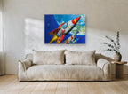Jupiter Rocket Patrol vintage canvas print on the wall of a living room