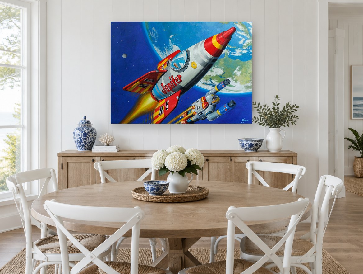 Jupiter Rocket Patrol vintage canvas print on the wall of a Hamptons dining room