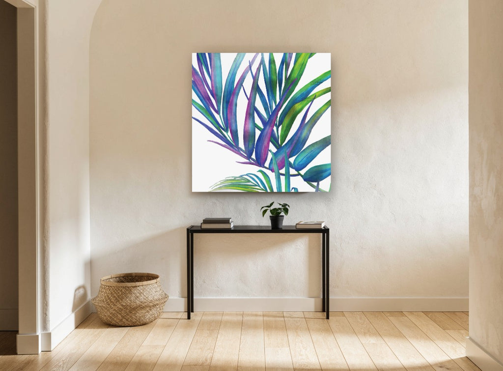 Prismatic Palm Fronds floral canvas print on the wall of a hallway