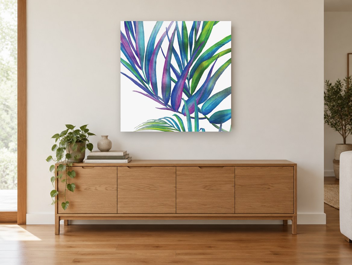Prismatic Palm Fronds floral canvas print on the wall of a living room above a sideboard