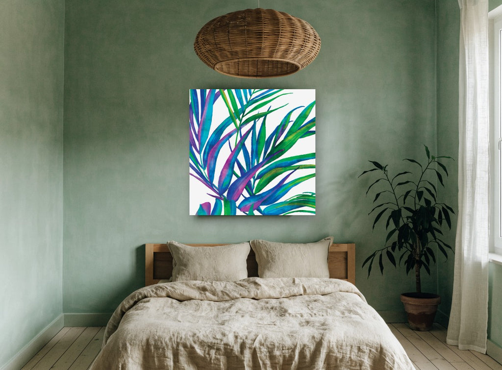 Jewel Palm Fronds floral canvas print on the wall of a bedroom