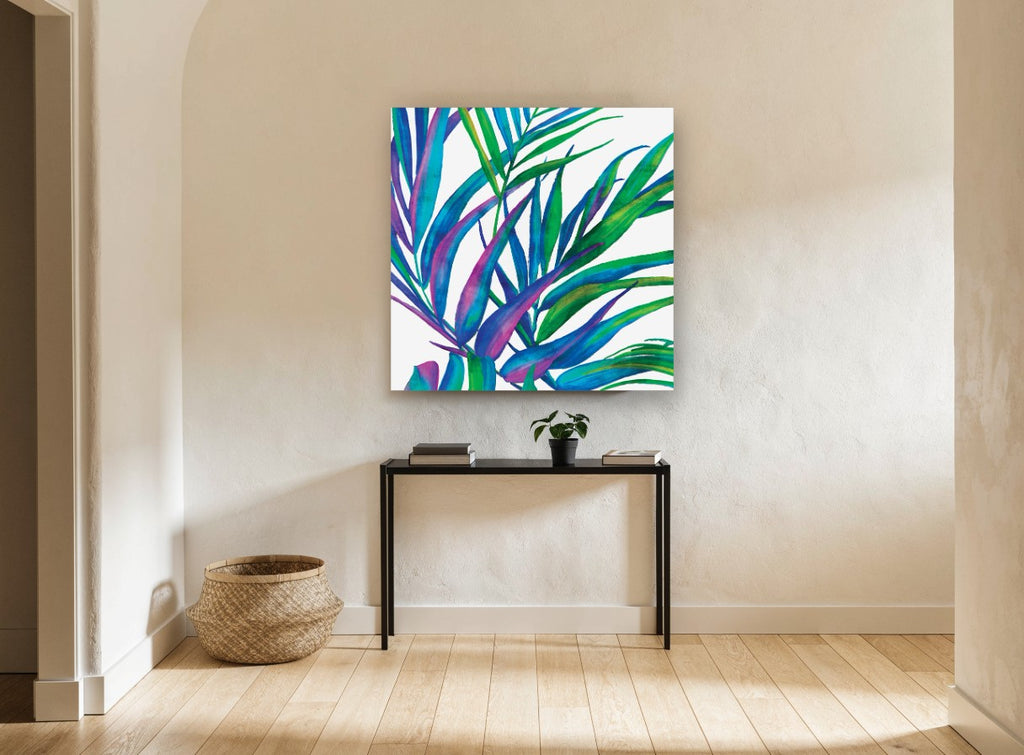 Jewel Palm Fronds floral canvas print on the wall of a hallway