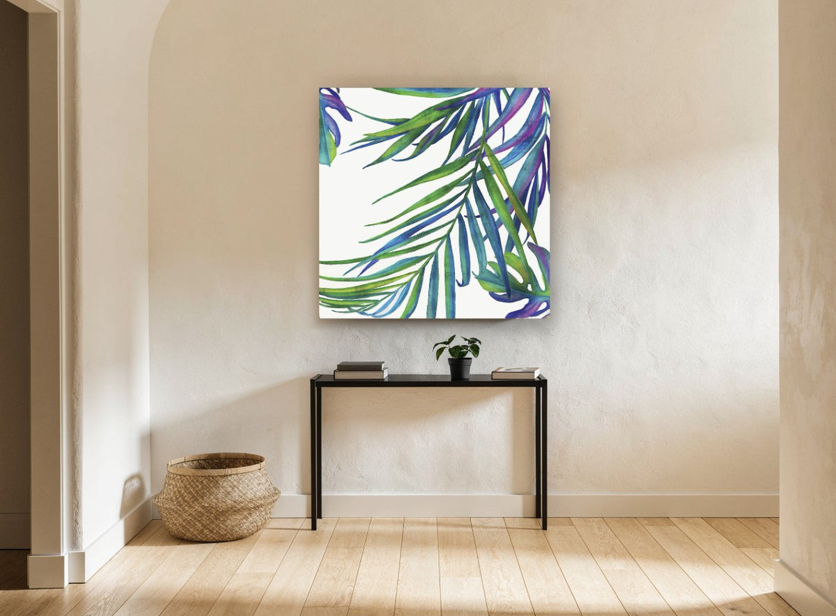 Rainbow Palm Fronds floral canvas print on the wall of a hallway