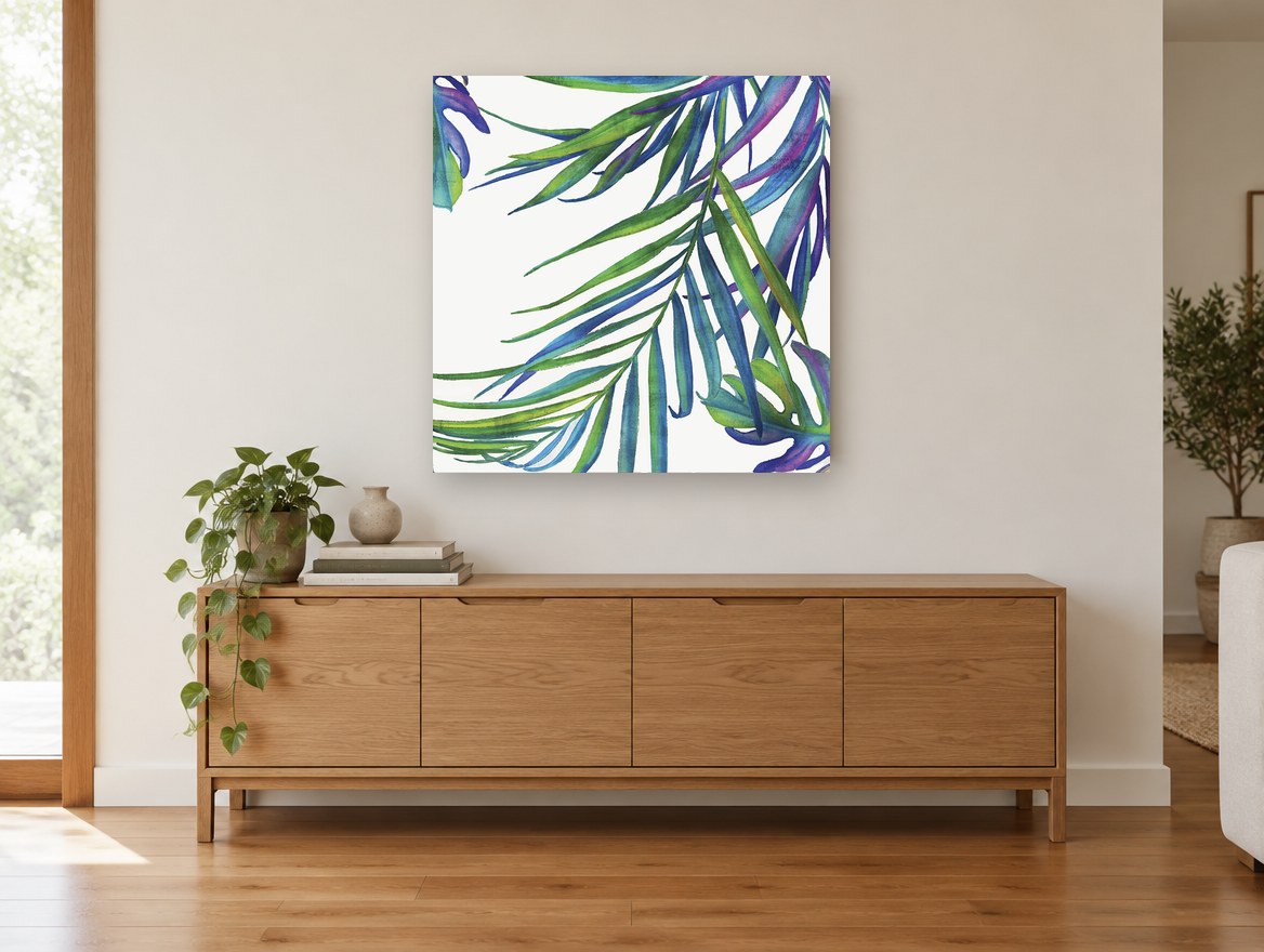 Rainbow Palm Fronds floral canvas print on the wall of a living room above a sideboard