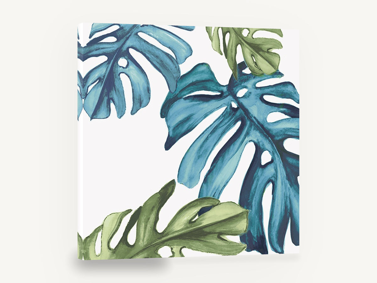 Teal Monstera Drift, teal and green monstera leaf watercolour, floral canvas wall art print ready to hang