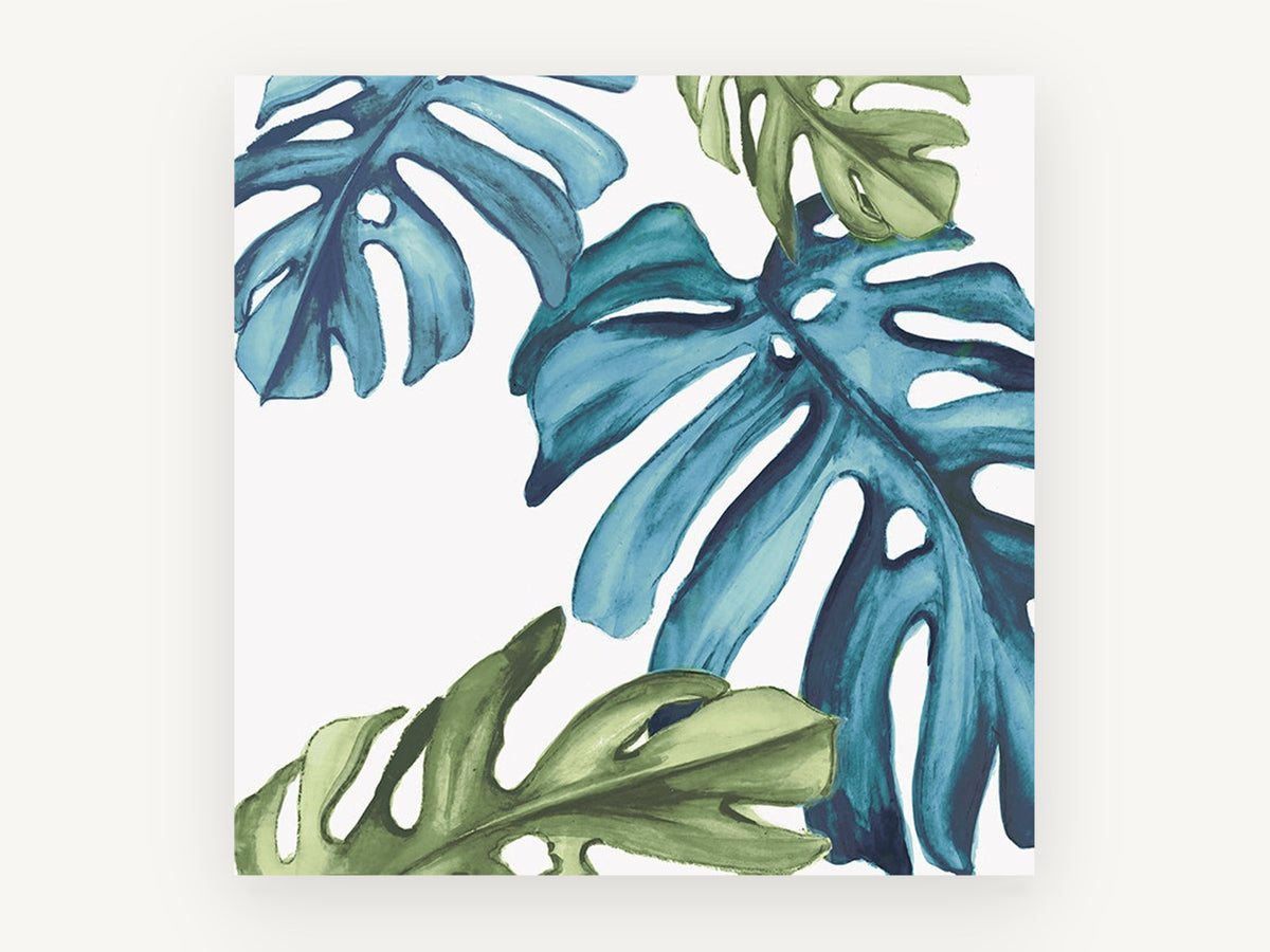 Teal Monstera Drift, floral canvas wall art print, front view