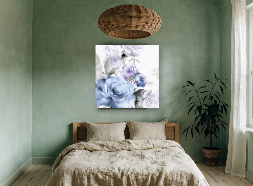 Lilac Mist Bouquet floral canvas print on the wall of a bedroom