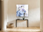 Lilac Mist Bouquet floral canvas print on the wall of a hallway