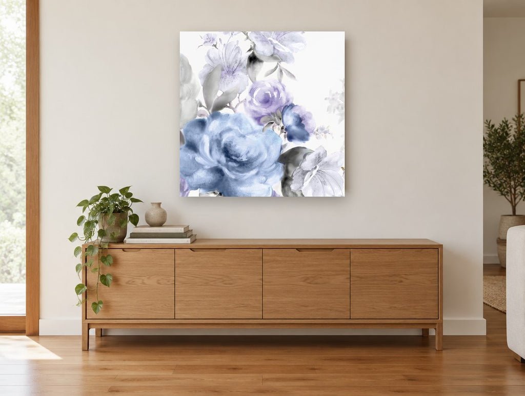Lilac Mist Bouquet floral canvas print on the wall of a living room above a sideboard