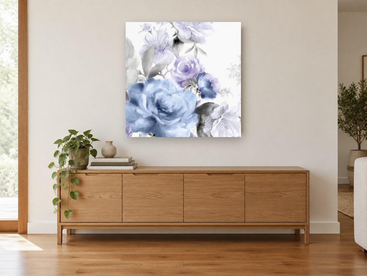 Lilac Mist Bouquet floral canvas print on the wall of a living room above a sideboard