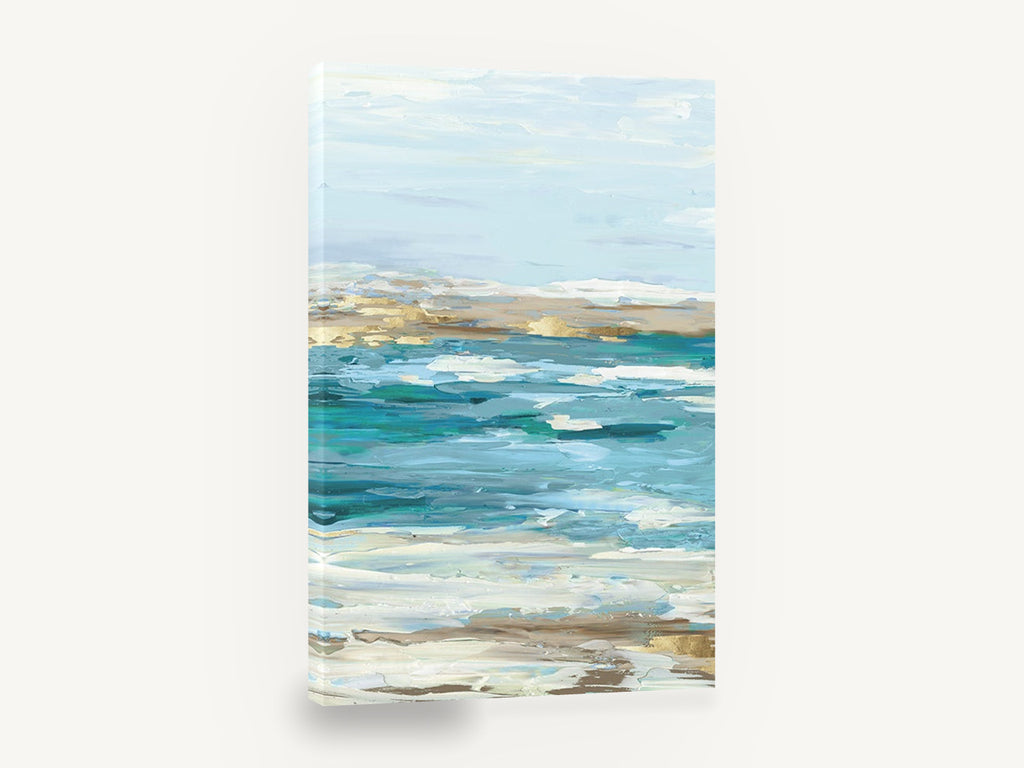Gilded Shoreline Shallows, teal gold abstract seascape painting, coastal canvas wall art print ready to hang