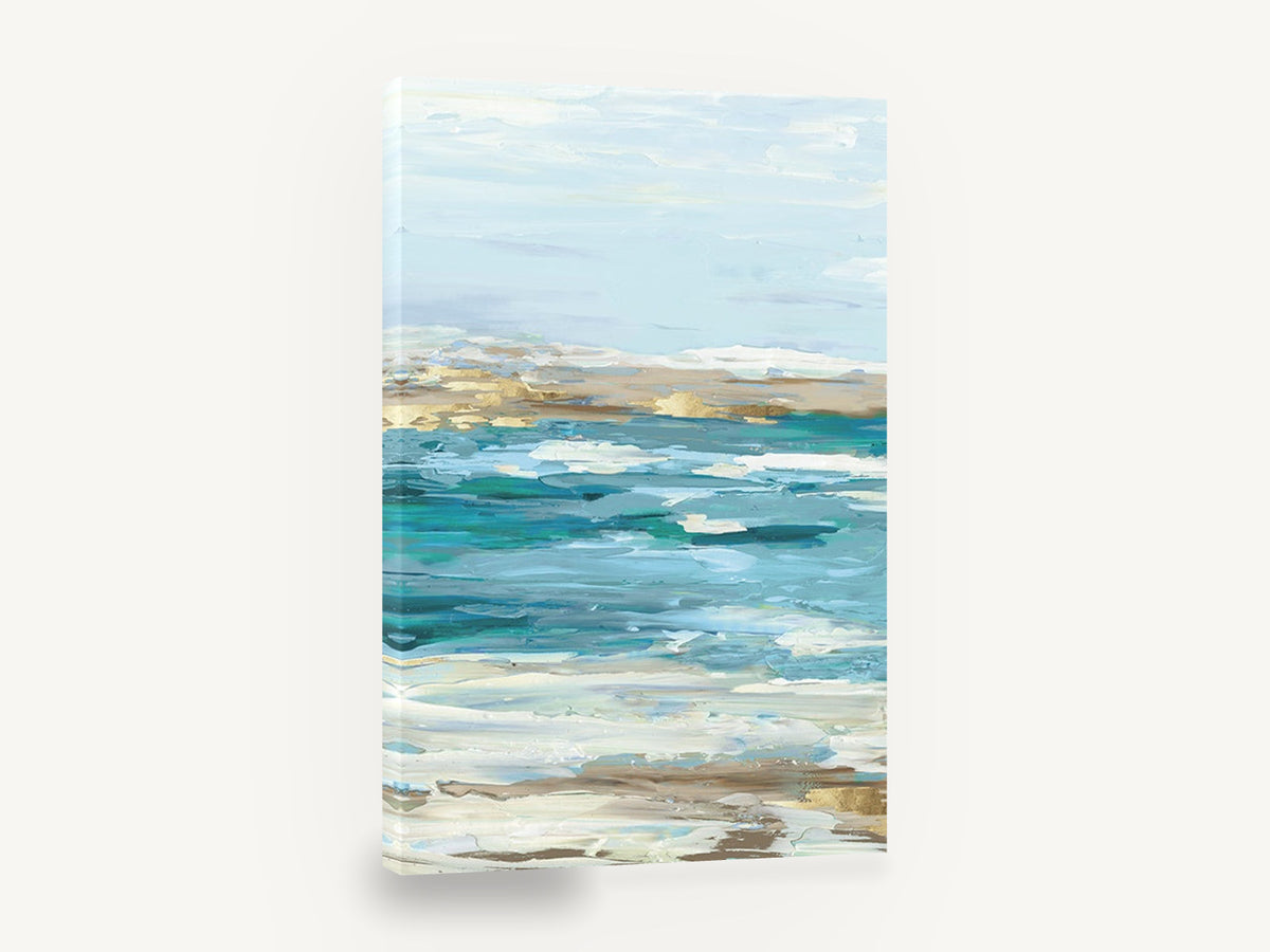 Gilded Shoreline Shallows, teal gold abstract seascape painting, coastal canvas wall art print ready to hang