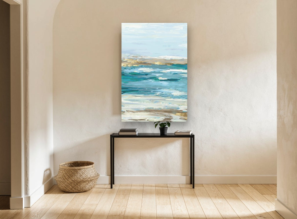 Gilded Shoreline Shallows coastal canvas print on the wall of a hallway