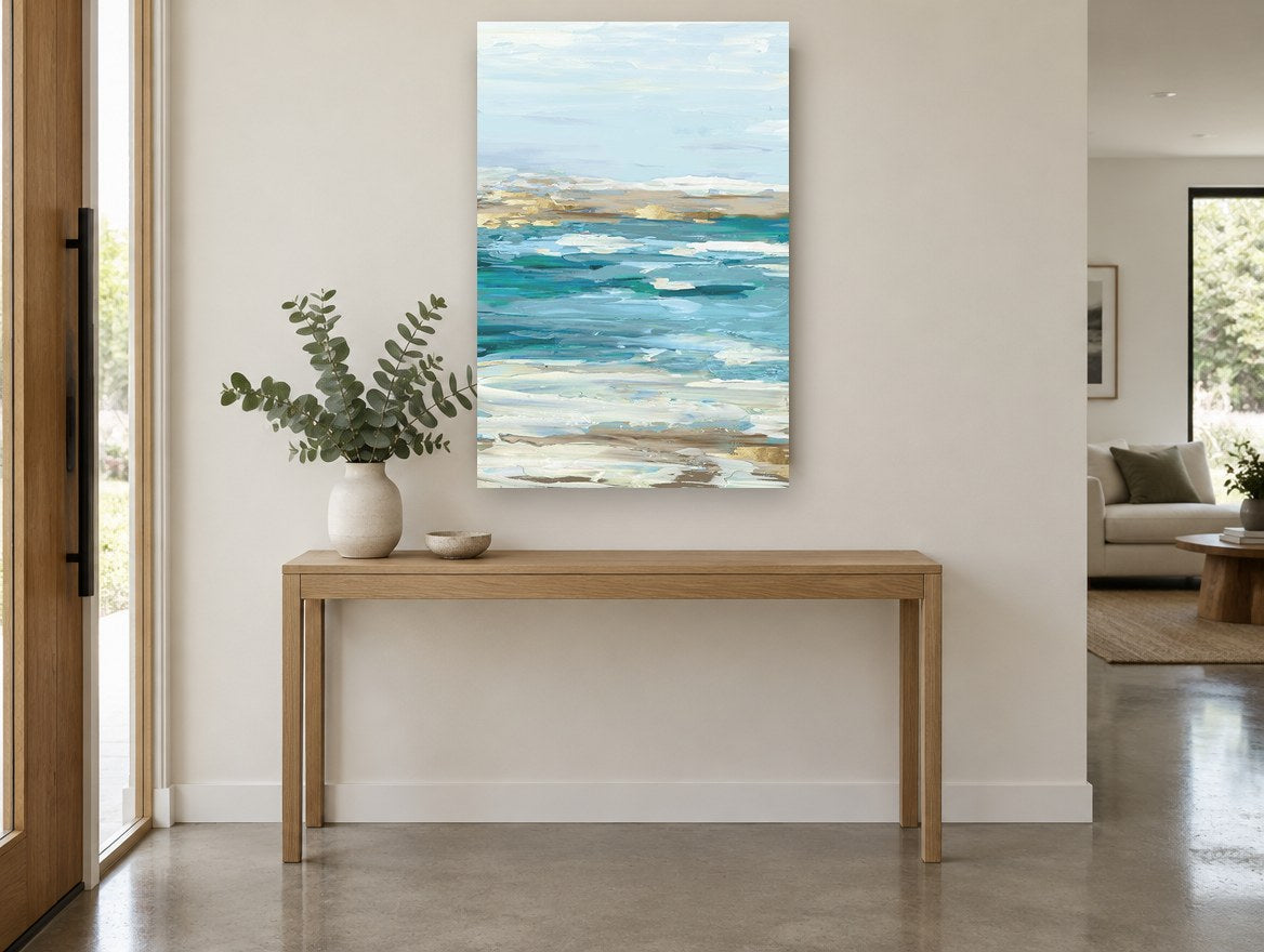 Gilded Shoreline Shallows coastal canvas print on the wall of a entry hall