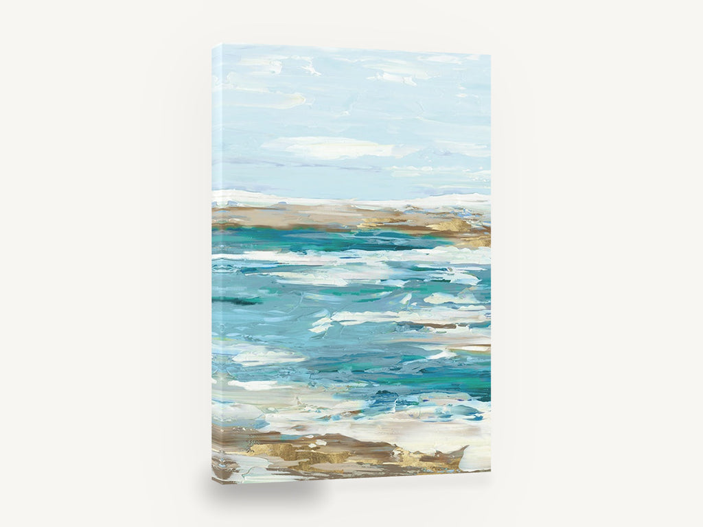 Gilded Teal Shoreline, teal ocean abstract seascape painting, coastal canvas wall art print ready to hang