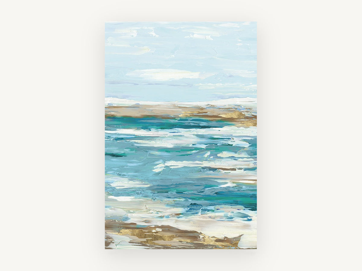 Gilded Teal Shoreline, coastal canvas wall art print, front view