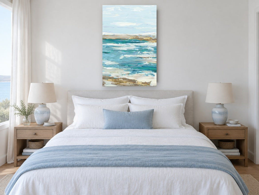 Gilded Teal Shoreline coastal canvas print on the wall of a coastal bedroom