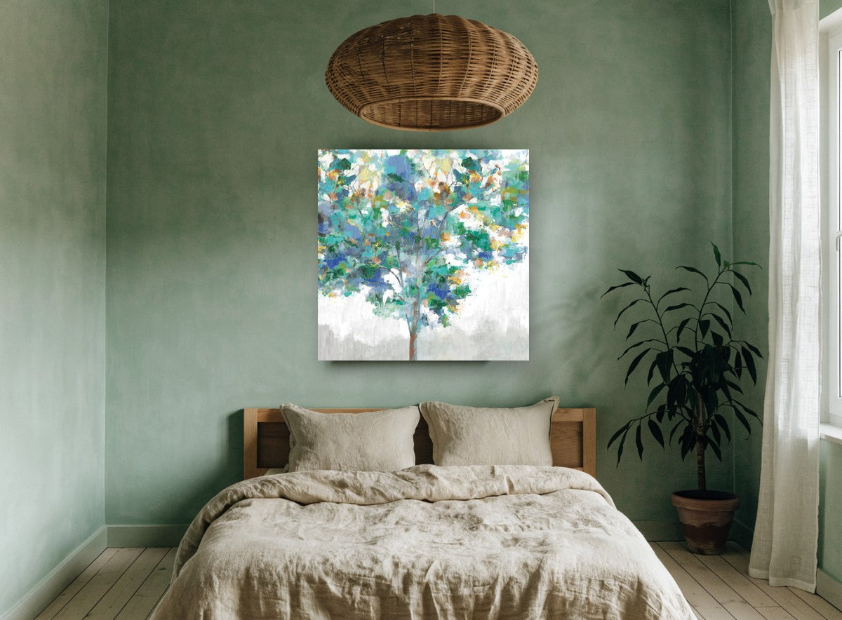 Teal Canopy Study floral canvas print on the wall of a bedroom
