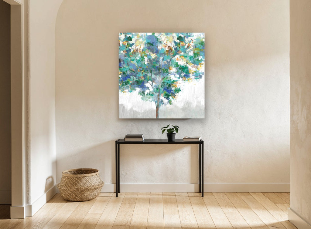 Teal Canopy Study floral canvas print on the wall of a hallway