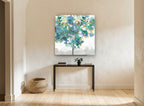 Teal Canopy Study floral canvas print on the wall of a hallway