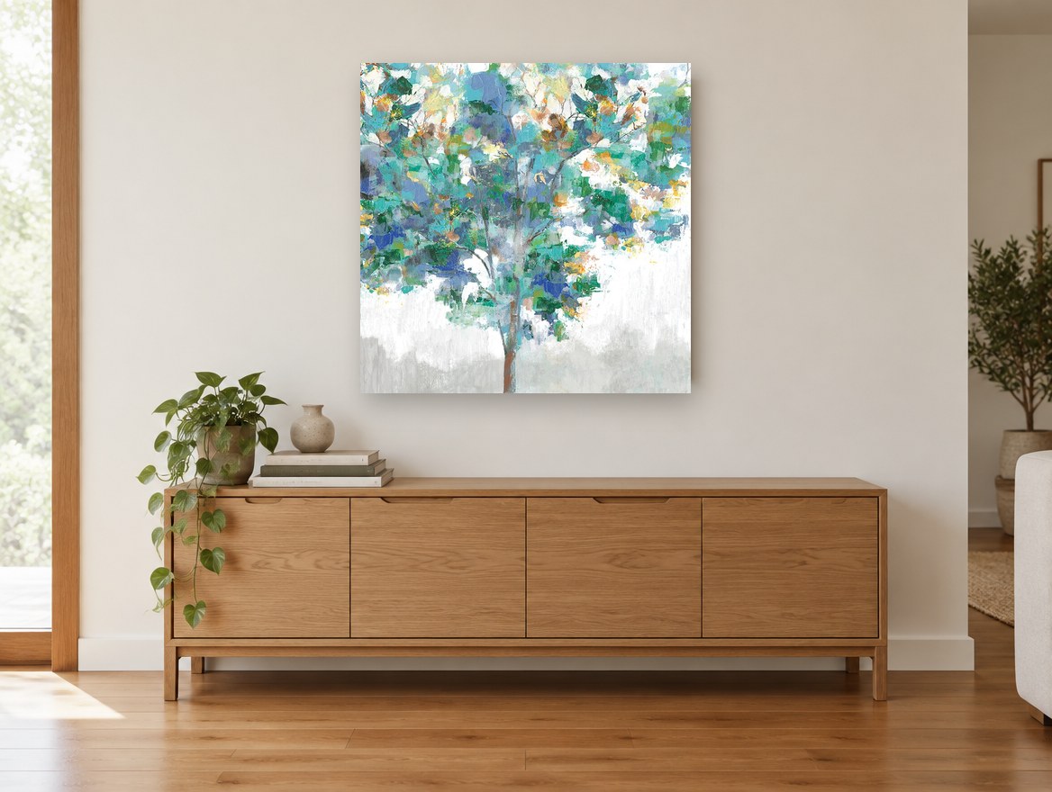 Teal Canopy Study floral canvas print on the wall of a living room above a sideboard