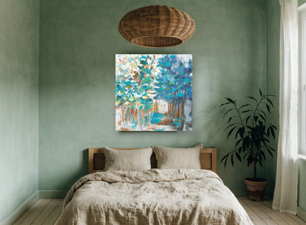 Teal Grove Path floral canvas print on the wall of a bedroom