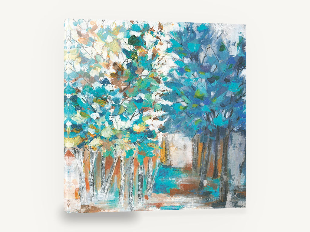 Teal Grove Path, blue teal trees abstract landscape, floral canvas wall art print ready to hang