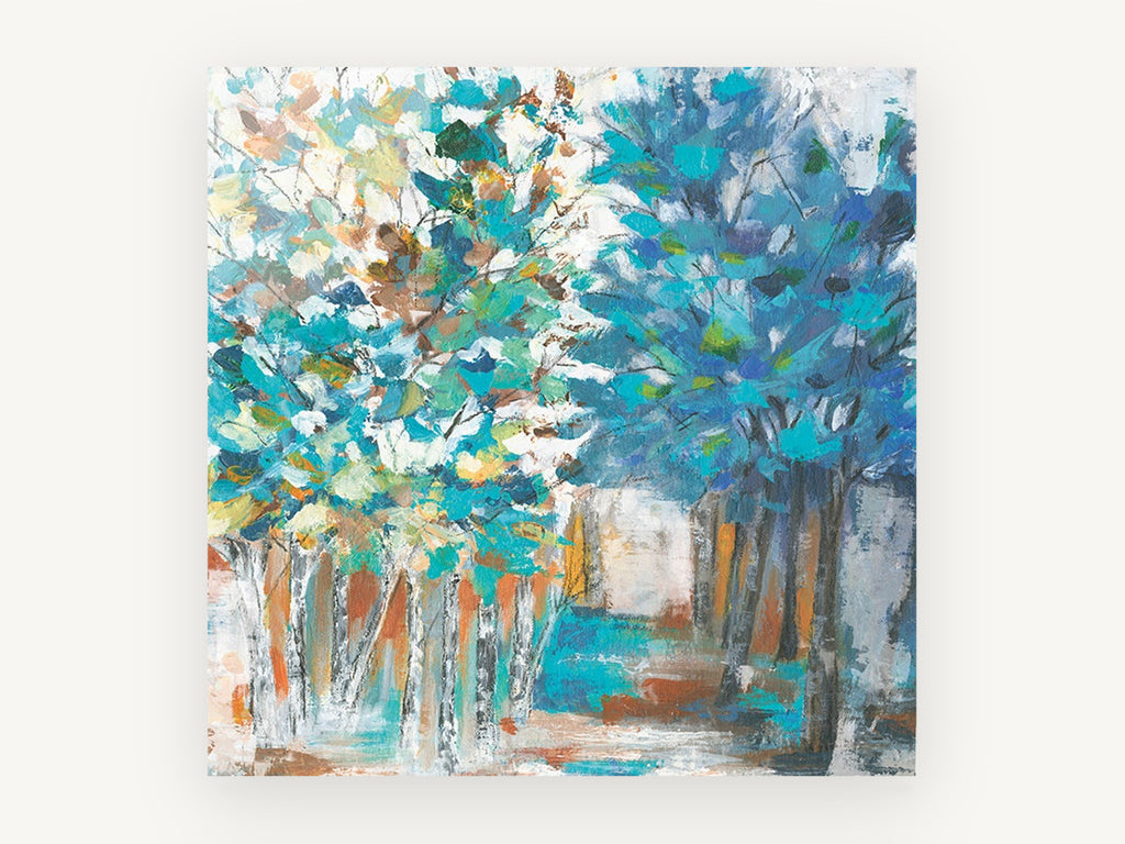 Teal Grove Path, floral canvas wall art print, front view