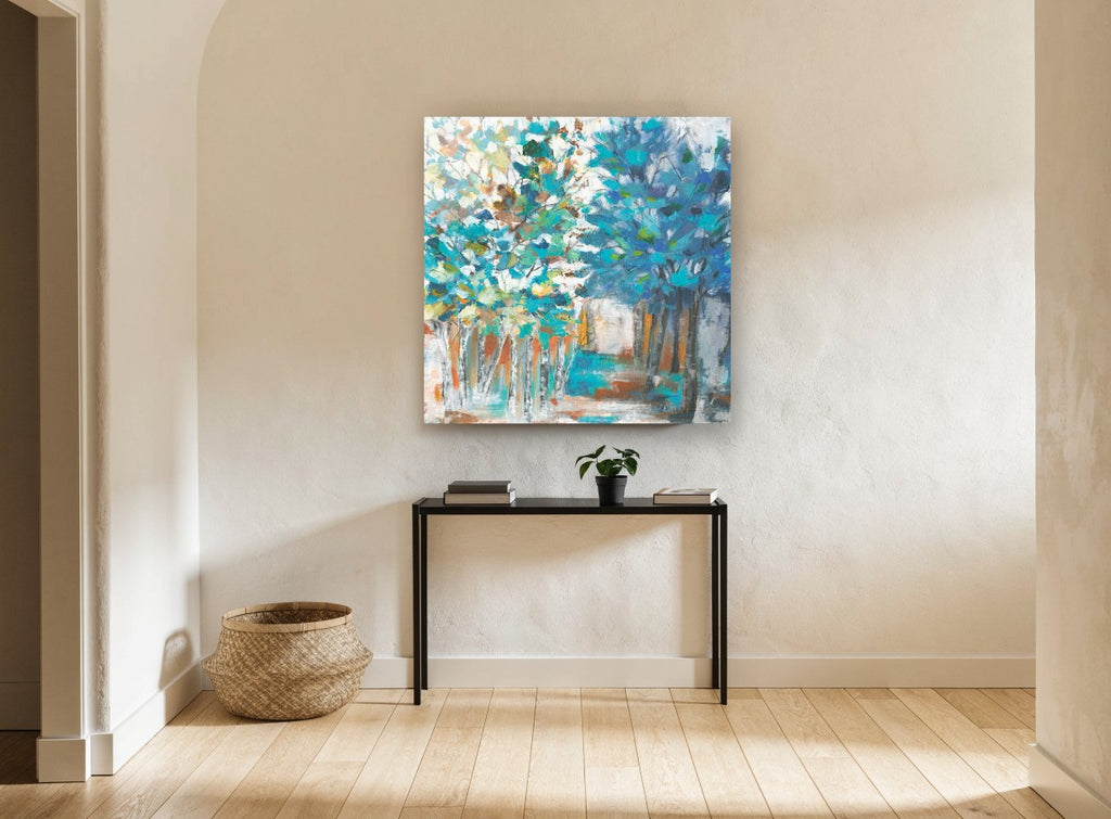 Teal Grove Path floral canvas print on the wall of a hallway