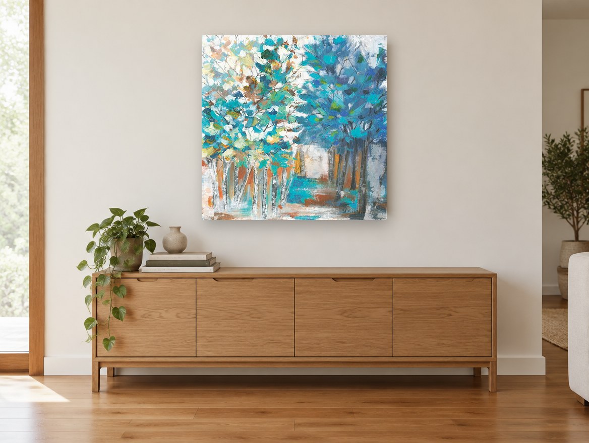 Teal Grove Path floral canvas print on the wall of a living room above a sideboard