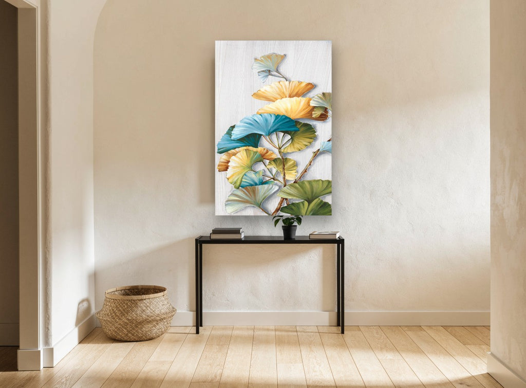 Gilded Ginkgo Fans floral canvas print on the wall of a hallway