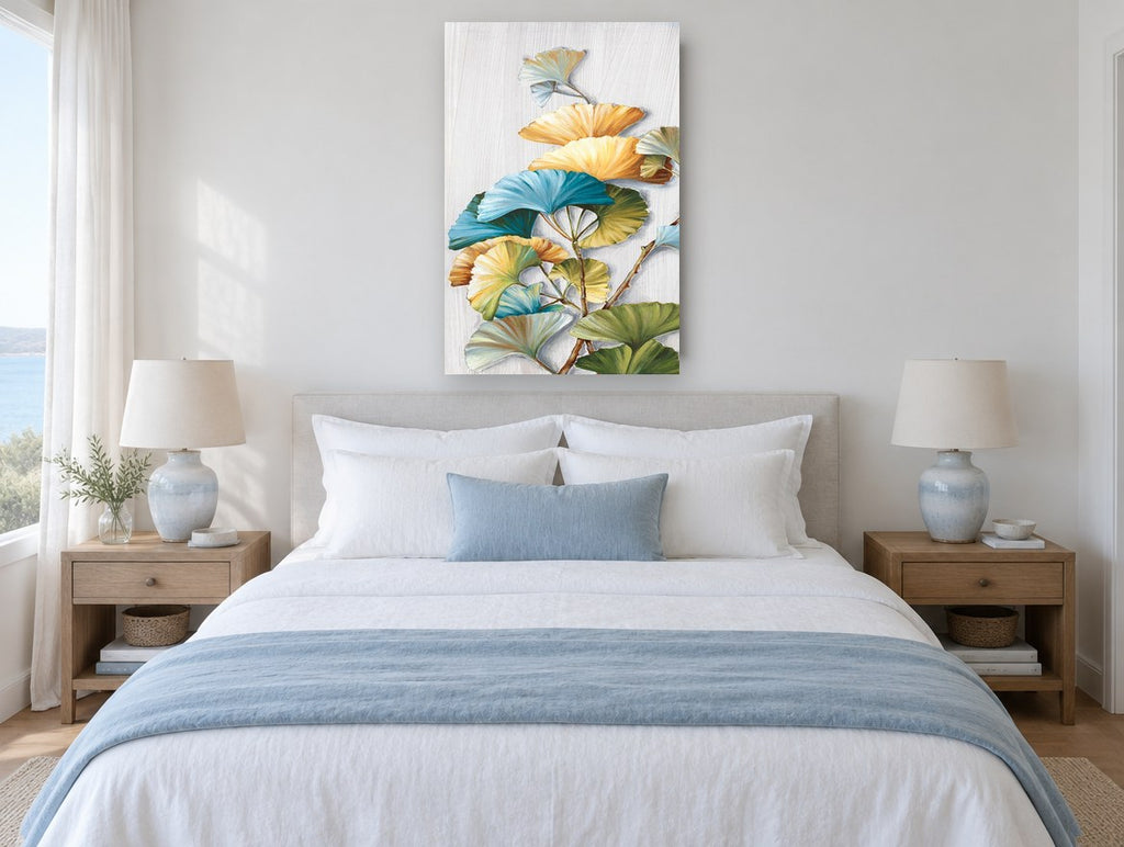 Gilded Ginkgo Fans floral canvas print on the wall of a coastal bedroom