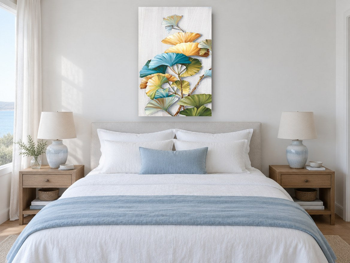 Gilded Ginkgo Fans floral canvas print on the wall of a coastal bedroom