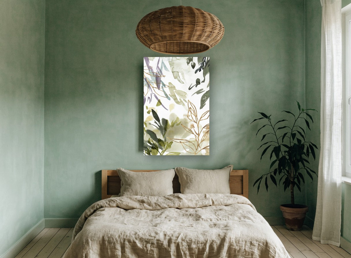 Gilded Leaf Washes floral canvas print on the wall of a bedroom