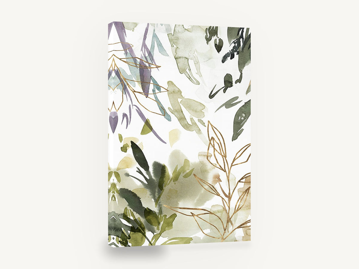 Gilded Leaf Washes, abstract watercolour leaves green gold, floral canvas wall art print ready to hang