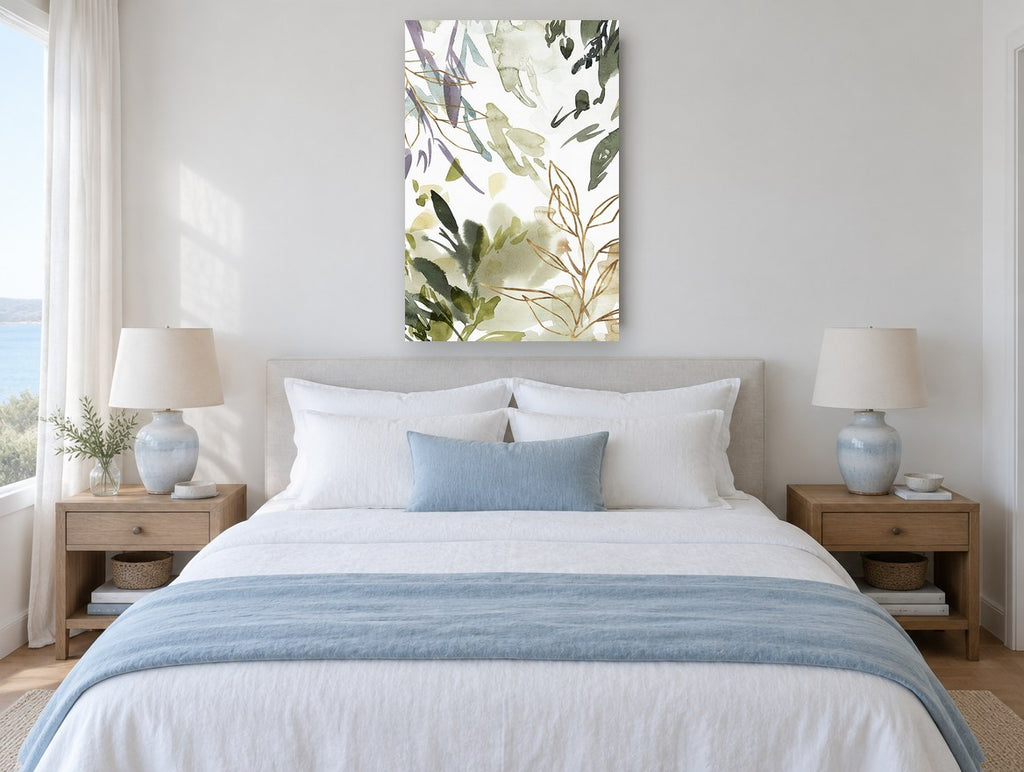 Gilded Leaf Washes floral canvas print on the wall of a coastal bedroom