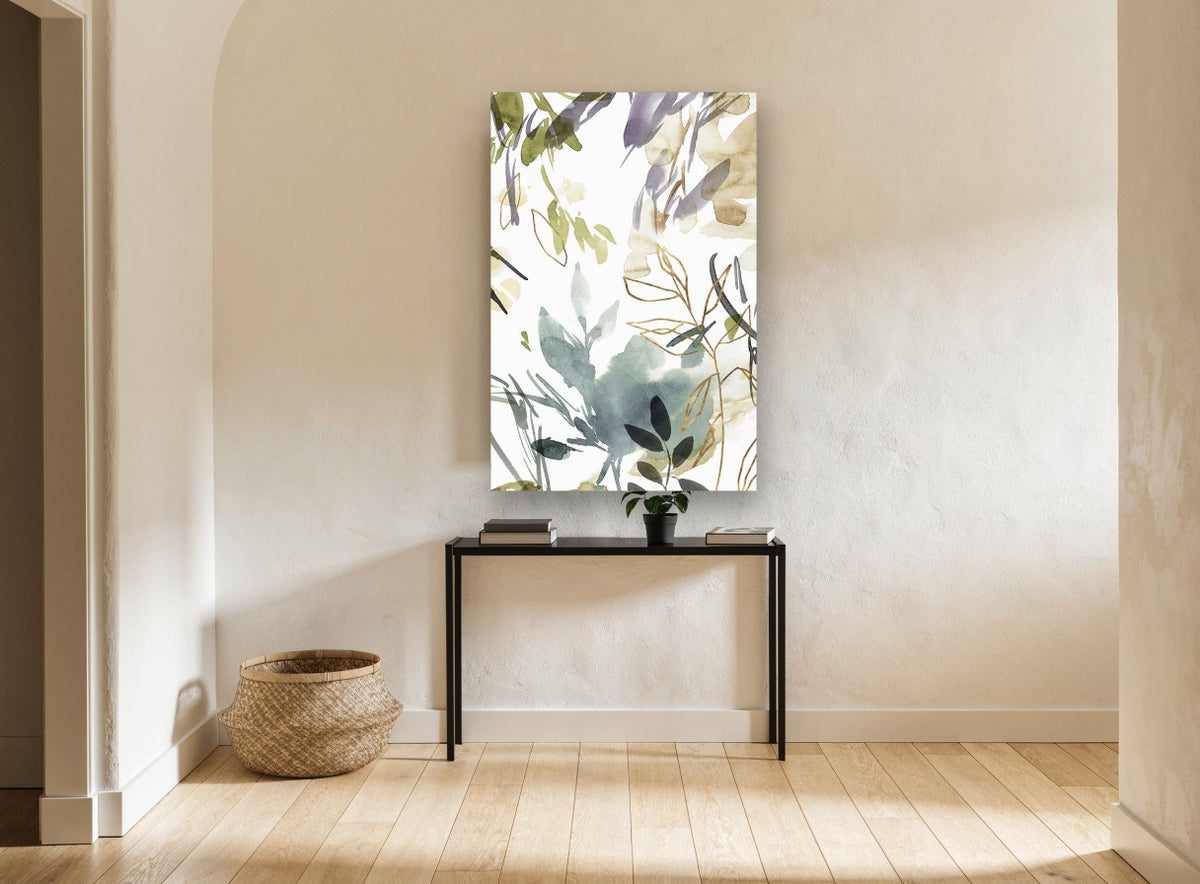 Gilded Leaf Wash floral canvas print on the wall of a hallway