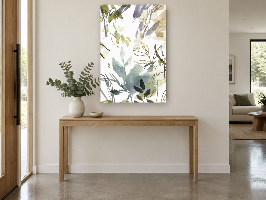 Gilded Leaf Wash floral canvas print on the wall of a entry hall