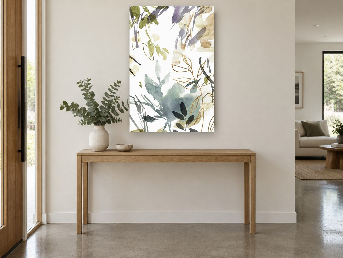Gilded Leaf Wash floral canvas print on the wall of a entry hall
