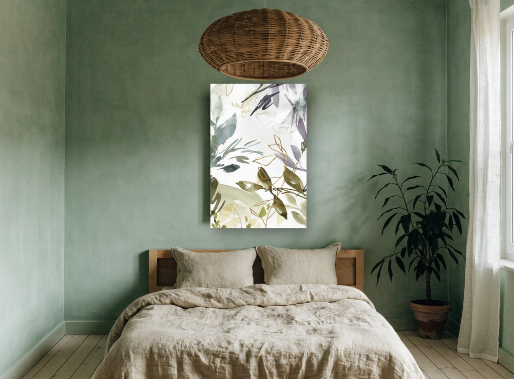 Sage Grove Whisper floral canvas print on the wall of a bedroom