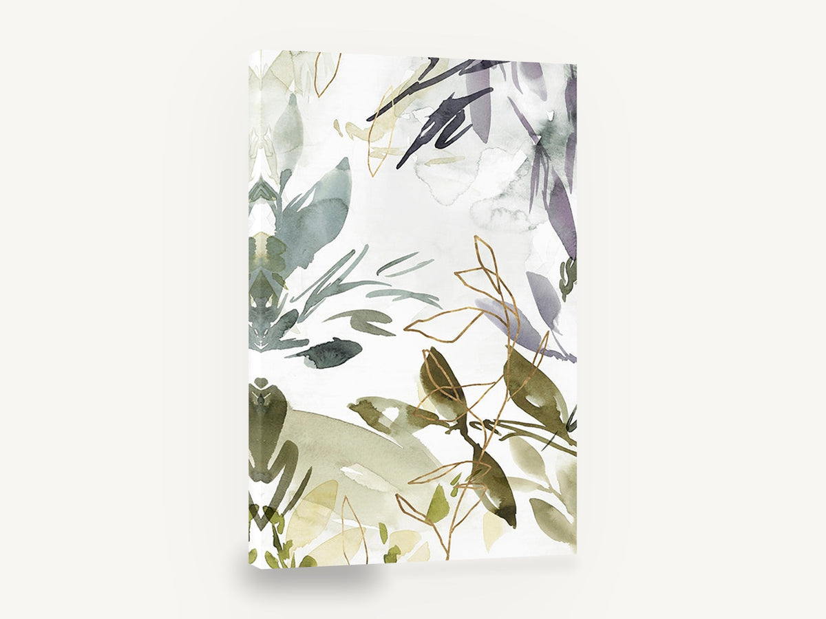 Sage Grove Whisper, abstract watercolour leaves green gold, floral canvas wall art print ready to hang