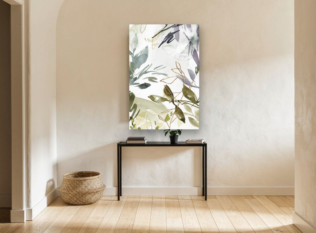 Sage Grove Whisper floral canvas print on the wall of a hallway