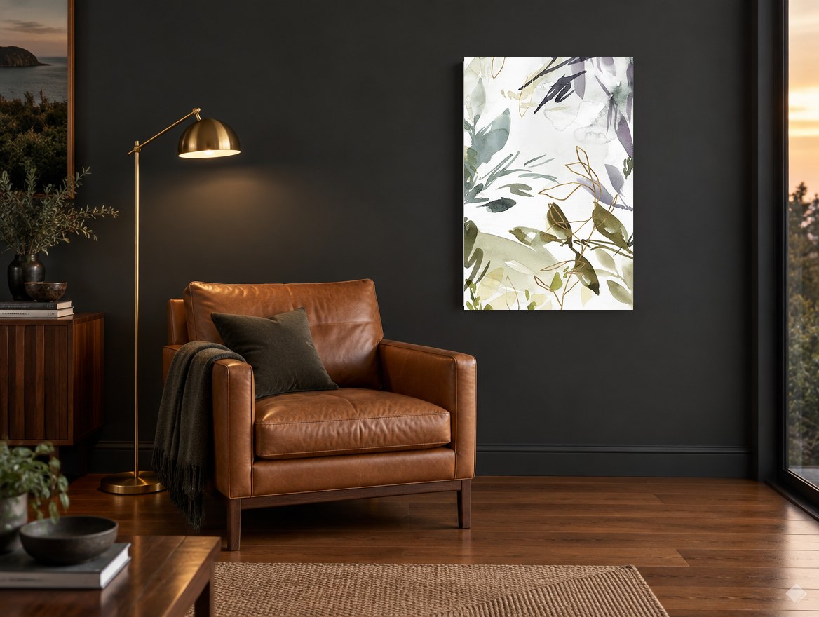 Sage Grove Whisper floral canvas print on the wall of a charcoal living room