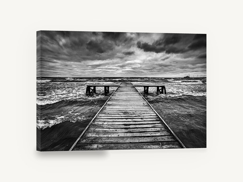 Monochrome Tempest Jetty, stormy jetty black and white photograph, coastal canvas wall art print ready to hang