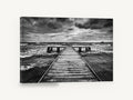 Monochrome Tempest Jetty, stormy jetty black and white photograph, coastal canvas wall art print ready to hang