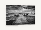 Monochrome Tempest Jetty, stormy jetty black and white photograph, coastal canvas wall art print ready to hang