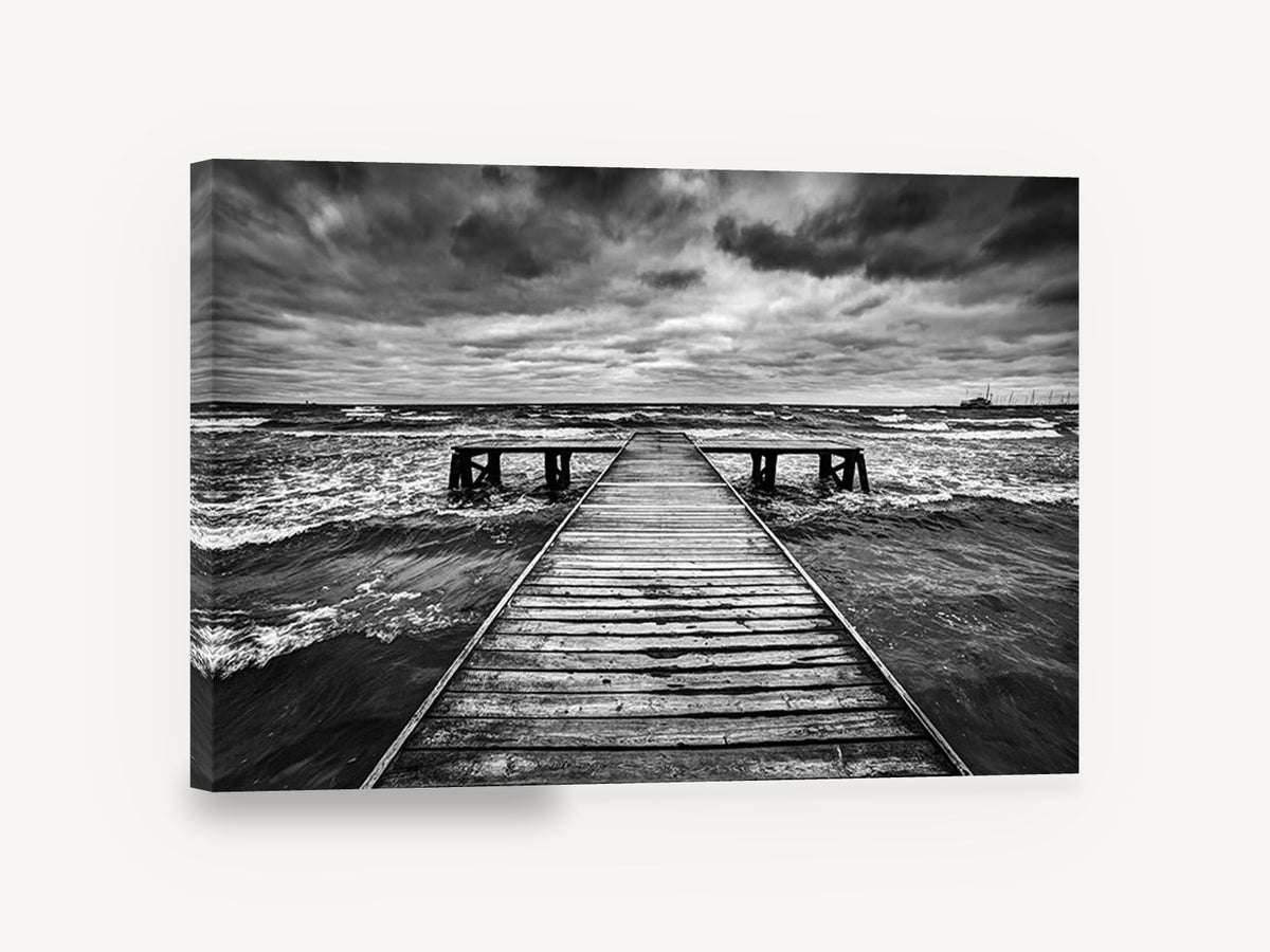 Monochrome Tempest Jetty, stormy jetty black and white photograph, coastal canvas wall art print ready to hang
